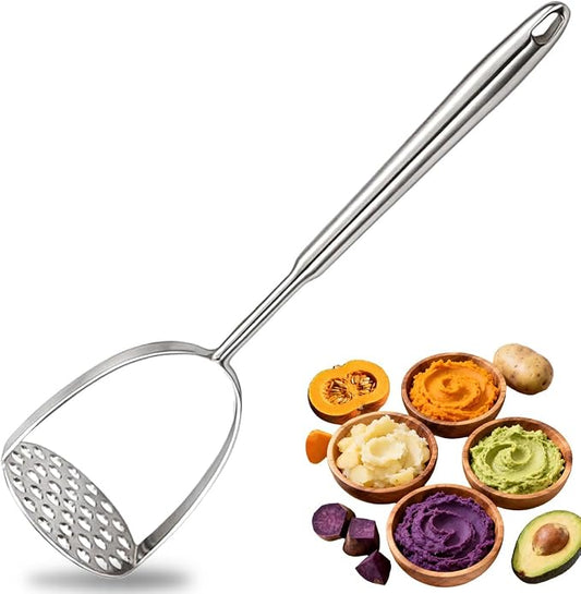 Potato Masher Stainless Steel, 14 Inch Potato Smasher - Kitchen Essential for Mashed Potatoes, Pumpkin, Carrots, Avocado & Fruits, Heavy Duty Metal Mashing Utensil (Silver)