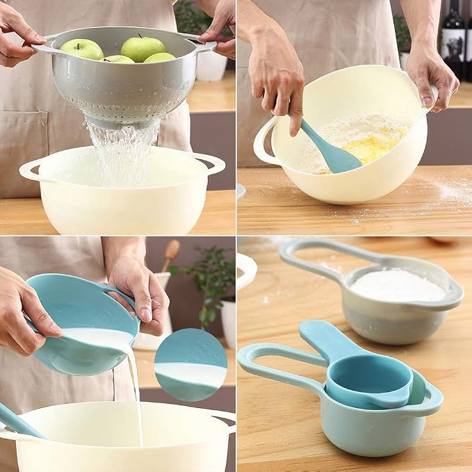Plastic Mixing Bowls, Multicolored, Set of 8, Rv Camping Accessories | Nest for Easy Storage, Inculding Measuring Cups, Colander, Sifter, Large Bowl, Great for Cooking and Baking, No BPA
