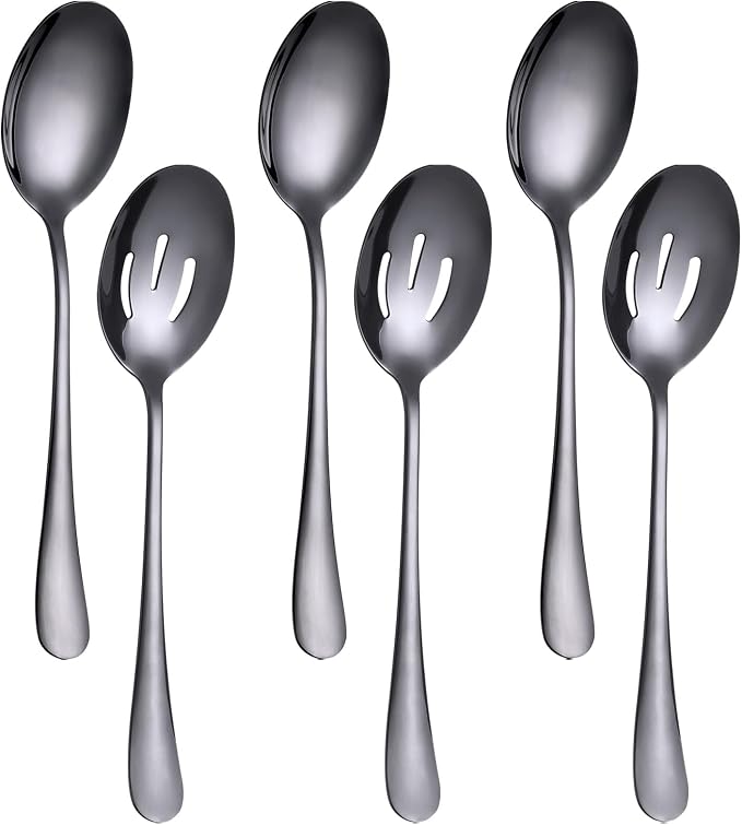 6 Pieces Serving Spoons Set 8.7 Inch, Includes 3 Serving Spoon and 3 Slotted Spoon, Stainless Steel Buffet Banquet Spoons, Large Kitchen Utensils Cutlery, Black