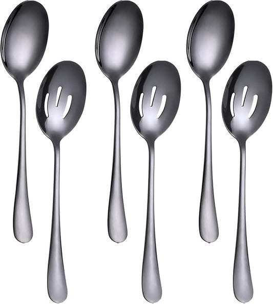 6 Pieces Serving Spoons Set 8.7 Inch, Includes 3 Serving Spoon and 3 Slotted Spoon, Stainless Steel Buffet Banquet Spoons, Large Kitchen Utensils Cutlery, Black