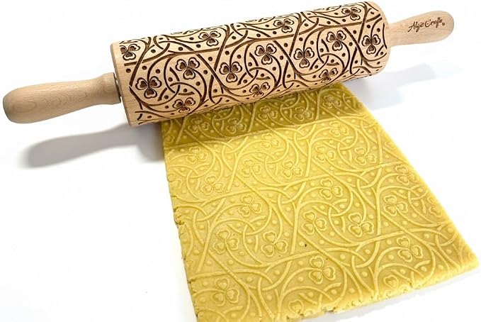IRISH CLOVER KNOT Embossing Rolling Pin. Dough Roller with Shamrock Pattern for Homemade Cookies and Pottery by Algis Crafts