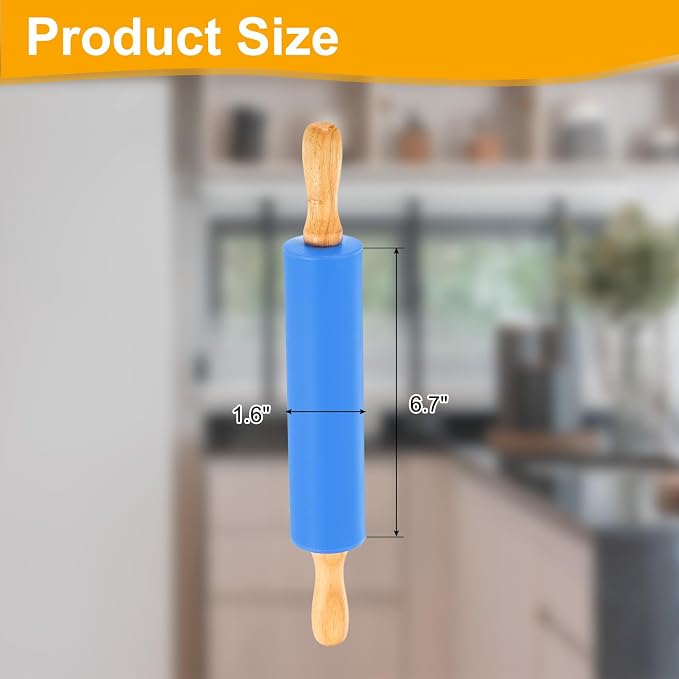 uxcell 6.7 Inch Silicone Rolling Pin, Small Dough Roller with Wood Handle for Pizza Pastry Fondant Kitchen, Blue