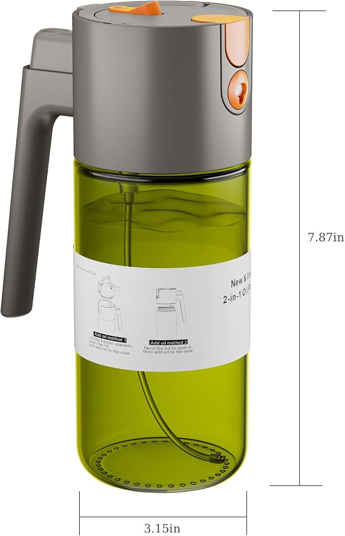 LAKUMIQI 2 in 1 Oil Sprayer for Cooking, 17oz | Light-Blocking Glass Spray Bottle with Stickers, Oil Dispenser for Salad, Air Fryer & BBQ