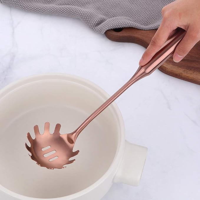 Stainless Steel Pasta Spoon Server,Kitchen Pasta Server, Ergonomic Handle & Heat Resistant Design - Kitchen Spaghetti Server Fork For Noodles, Pasta, More (rose gold)