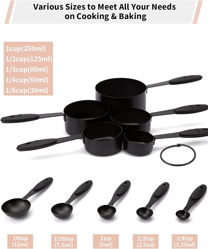 JOYHILL Measuring Cups and Spoons Set 304 Stainless Steel 10-Piece Black | BPA-Free Silicone Handles, Etched Markings, Nestable Design, Dishwasher Safe for Dry & Liquid Ingredients