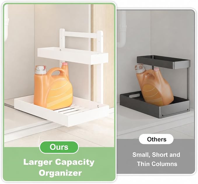 Bamboo Under Sink Organizer 2 Pack, 2-Tier Pull Out Cabinet Organizer | Kitchen Sink Organizer | Bathroom Cabinet Organizer | Cleaning Supply Storage | L-Shape | 3-Level Adjustable | Natural Bamboo