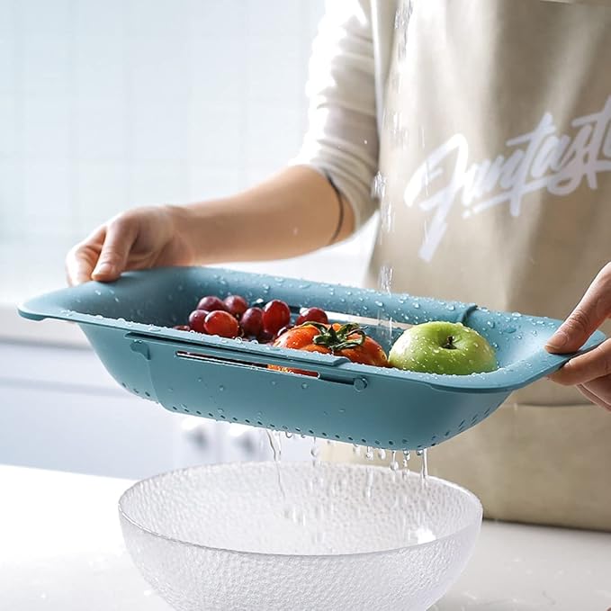 KesaPlan Collapsible Sink Colanders and Strainers Basket Over the Colander Extendable Plastic Fruit Vegetable Strainer Drainer for Kitchen(Length 14.3-19.4inch)(Green Set of 2)