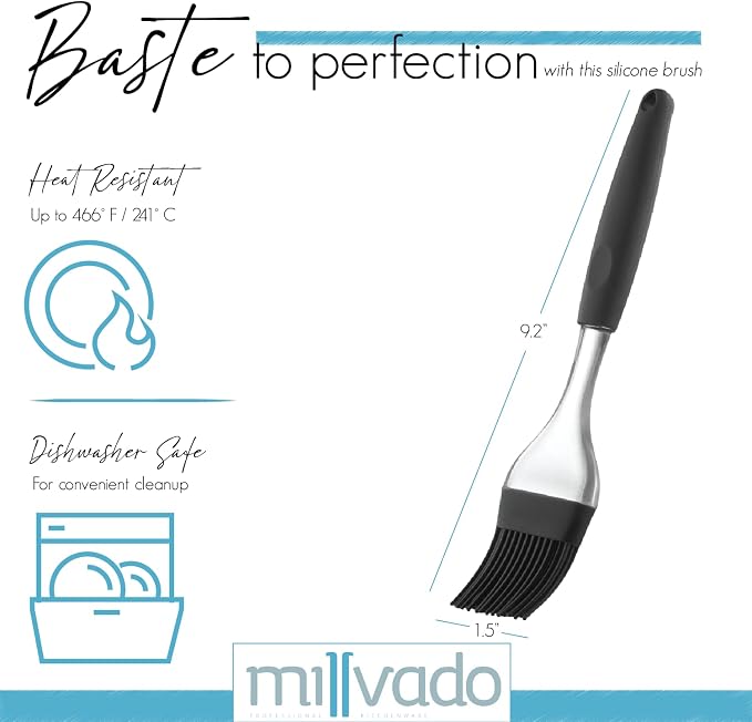 Millvado Silicone Basting Brush: Heat Resistant Cooking Brush for Oil and Sauce - Flexible Food Brush - Dishwasher Safe Basting Brush for Cooking - Black Silicone Pastry Brush/BBQ Brushes for Sauce