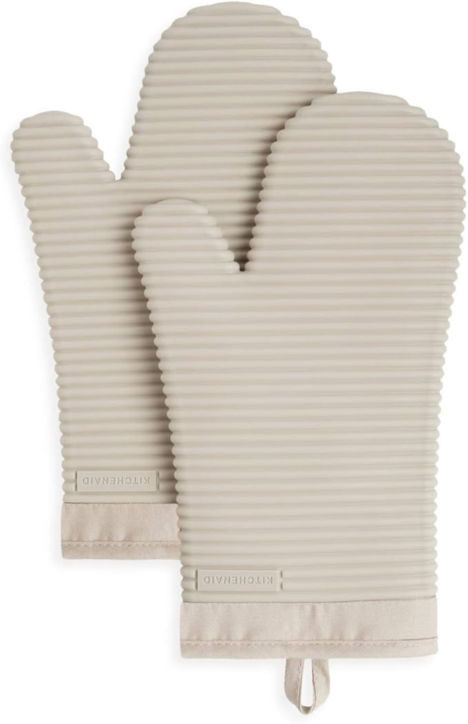 KitchenAid Ribbed Soft Silicone Oven Mitt and Pot Holder Set, Milkshake, 7"x13" Mitts + 7"x9" Holders