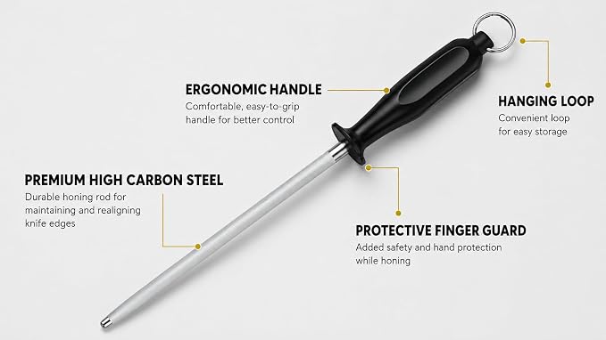 Honing Steel Rod 10 Inch, High Carbon Sharpening Steel Knife Sharpener with Non-Slip Ergonomic Handle, Professional Rod for Kitchen, Chef & Butcher Knives, Gift Box Included