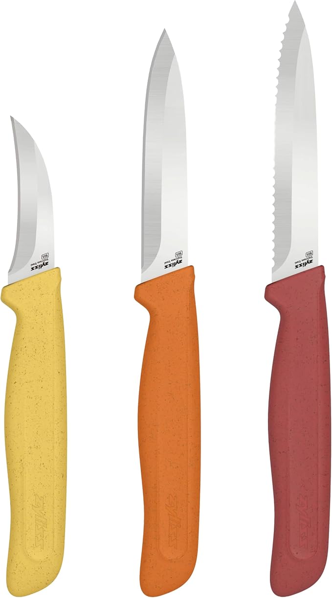 Zyliss Classic 3 Piece Peeling & Paring Knife Set with Straight, Serrated & Curved Blades, Stainless Steel 15° Edge, Ergonomic Wheat Straw Handles, Blade Covers