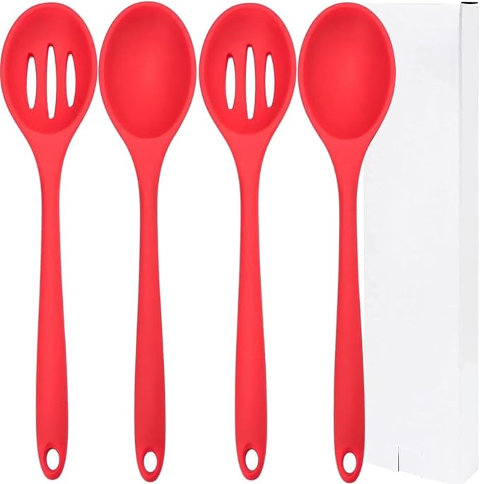 4PCS Kitchen Silicone Cooking Spoon,Nonstick Mixing Serving Spoons Set for Cooking,Slotted and Solid Serving Spoon Heat Resistant,Silicone Mixing Basting Stirring Spoons for Bake Stir Cookware (Red)