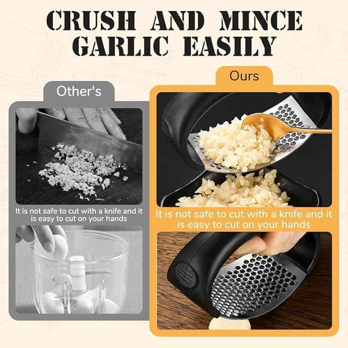 Garlic Press Stainless Steel, Manual Garlic Mincer & Crusher with Garlic Peeler Tube, Easy to Clean Dishwasher Safe Kitchen Tool for Garlic & Ginger (2)
