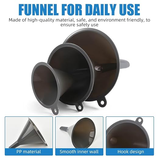Plastic Kitchen Funnel Set of 3, Round Kitchen Funnels for Filling Bottles, Durable and Multifunctional Funnels for Filling Canning, Cooking, Lab or Car Oil (Gray)