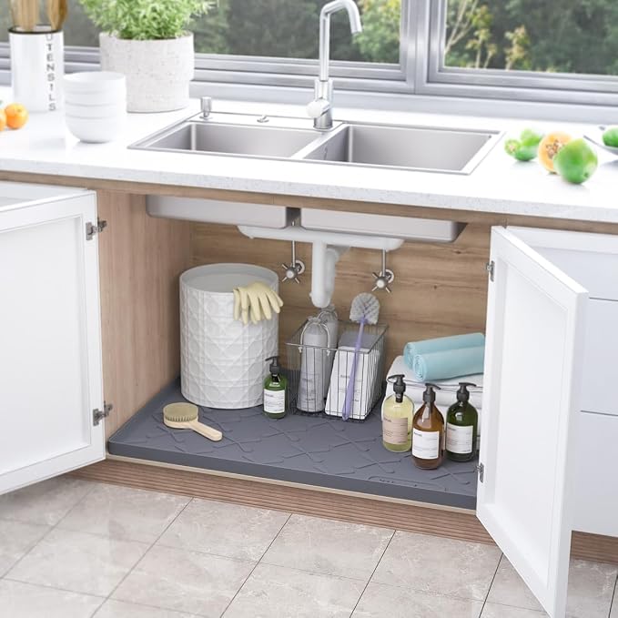 Waterproof Under Sink Mat Silicone 25"x19", Kitchen Cabinet Liner | BPA-Free Silicone Mat with Raised Lip Protects Cabinets from Leaks, Versatile Home Organizer for Bathroom, Pets, Boots, Floor