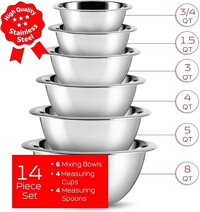 14 Piece Mixing Bowls With Measuring Cups And Spoons Set - Premium Stainless Steel Mixing Bowls Set - Nesting & Stable Metal Mixing Bowls Great For Kitchen, Baking, Cooking, Or Prep