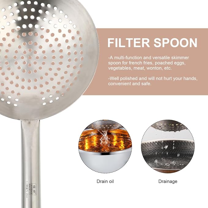 CALLARON Home Multi-Functional Stainless Steel Skimmer Ladle with Fine Mesh Wire Filter Spoon for Oil Straining and Cooking Large 16.92 X 9.44 X 2.36 Inch Kitchen Utensil