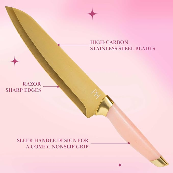 Paris Hilton Knife Block Set with Magnetic Wooden Knife Block, High Carbon Stainless Steel Blades with Titanium Coating, Sleek Comfortable Grip Handles, 6-Piece Set, Pink and Gold