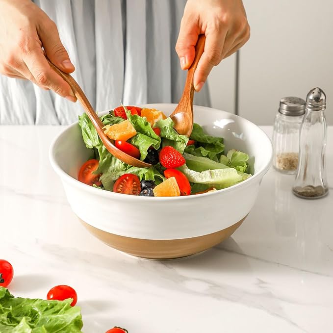 HASENSE Large Ceramic Serving Bowls Set of 2, 60 Oz 8.5 Inch White & Terracotta Stoneware Bowls, Farmhouse Bowls for Salad, Soup & Pasta, Dishwasher & Microwave Safe, Christmas Entertaining Dishes