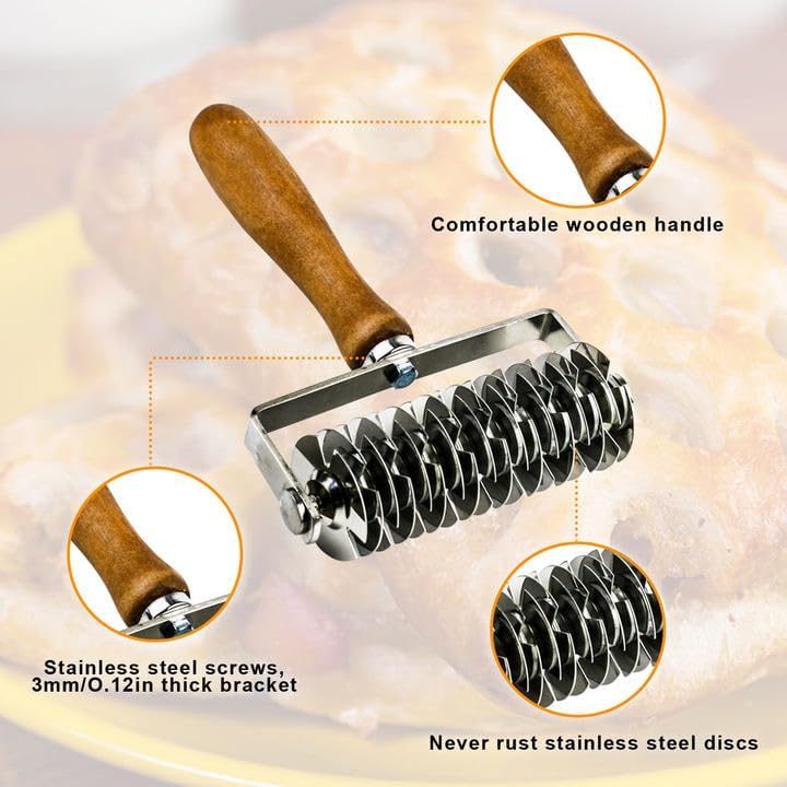 Pastry Lattice Roller Cutter, Stainless Steel Dough Cutter Wheel with Wood Handle for Beef Wellington Pie Crust Pizza Bread
