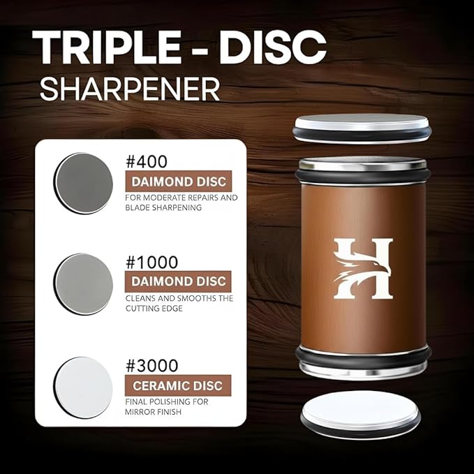 High Carbon Stainless Steel Rolling Knife Sharpener with 400, 1000 & 3000 Replacement Discs - Blunt Knife Sharpening Kit with 15 and 20 Degree Sharpening for Kitchen & Chef's Knives (BRONZE)