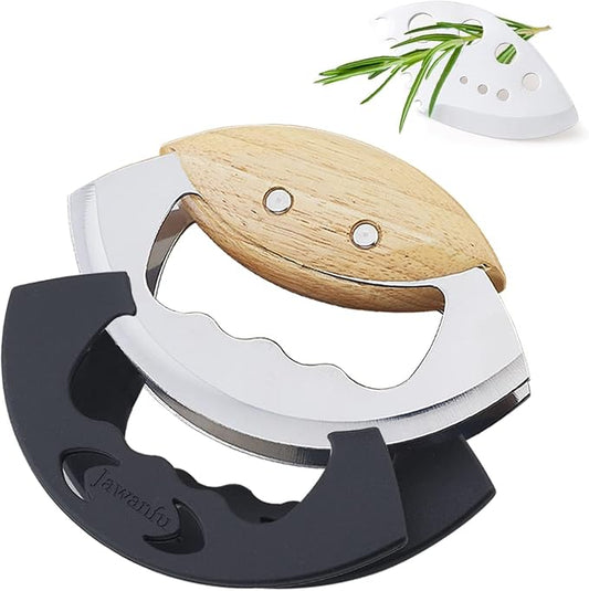 Salad Chopper Tools with Protective Cover, Sharp Mezzaluna Chopping Knife, Double Blade, Stainless Steel Rocker Knife for Salad, Handheld Vegetable Mincing, Father day gifts