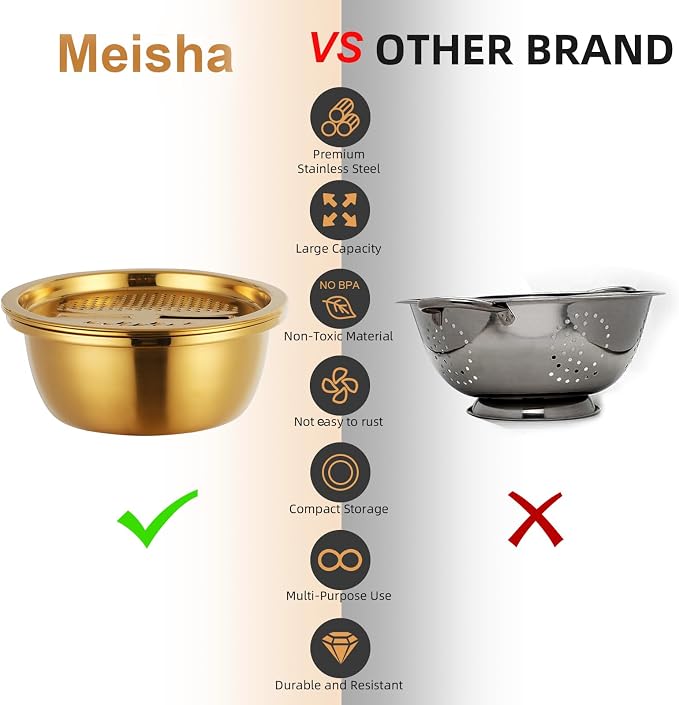 Meisha Colander, 3Pcs Stainless Steel Kitchen Tool 3 in 1 Drain Basket Fruit and Vegetable Cutter Strainer Bowl Set Drain Pot Basket Grater for Fruits Vegetables Rice Washing Mixing, - Iridescent