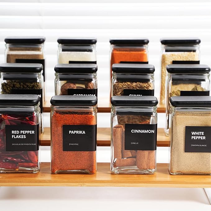 Glass Storage Jars with Bamboo Lid, glass canisters with airtight lids, Clear jars with lids for Spice, Cookie, Candy, Tea, Coffee Bean and Rice (Black, 4oz, set of 12)