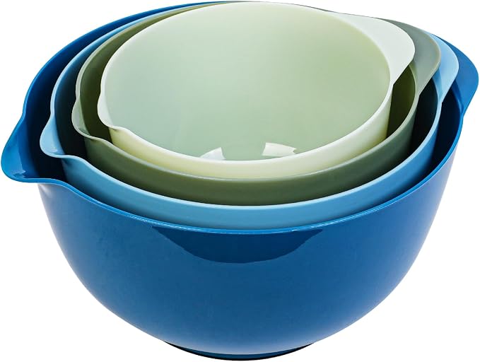 BoxedHome Classic Mixing Bowls Set of 4, BPA Free Plastic, Microwave Safe | 4.5, 3.5, 2.5 and 1.7 QT, Non-slip Base Large Non-toxic Nesting Bowl with Pour Spout, Dishwasher Safe, for Prep, Cooking