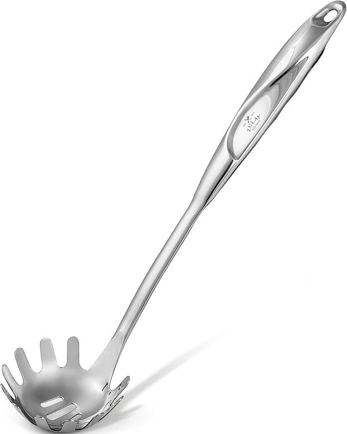 Zulay Kitchen Stainless Steel Pasta Spoon - 12” Spaghetti Server with Teeth & Draining Holes - Rust-Resistant Pasta Fork for Noodles & Pasta - Dishwasher Safe Utensil for Everyday Use