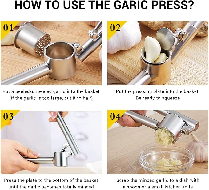 Garlic Press Garlic Mincer & Crusher Stainless Steel Garlic Press Set for Kitchen with Brush & Peeler, Kitchen for Garlic, Garlic Presser Easy to Clean Easy Squeeze Rust Proof (Small A - Single)