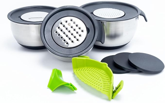 Homeware Stainless Steel Mixing Bowl With Lids Set Handles for Holidays: Gift Set For Kitchen With Pour Spout Non Slip Silicone Base On Bowls Strainer Graters For Kitchen