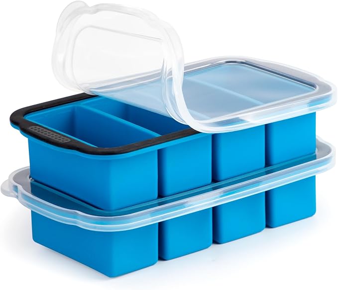 Aichoof 1 Cup Extra Large Silicone Cube Freezing Trays with Silicone lid for soup saver, Silicone Freezer Container for broth,sauce or butter -makes 4 great portions 1cup ice Cube(2 PACK, Blue)