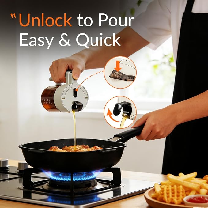 KEOUKE 2 in 1 Oil Sprayer & Dispenser for Cooking, 500ml Light-Blocking Glass Olive Oil Bottle with Gravity Sensing Cap, Ergonomic Push-Button Design for Air Fryer, BBQ, Salad