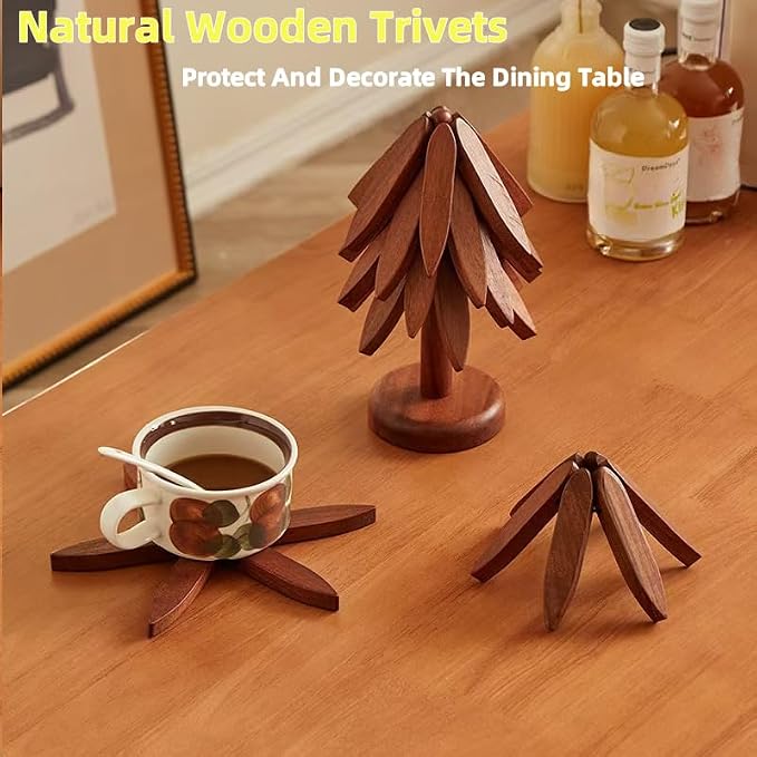 Wooden Cup Coaster Set,Christmas Tree Shape Trivet Set,4 Wooden Trivets and 1 Stand for Hot Pots and Pans Collapsible Coasters Heat Resistant Pads for Kitchen Counter (Sapele)