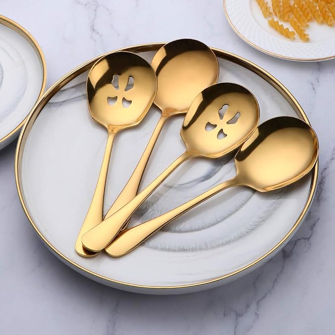 Meisha Serving Spoons Set, 3 Serving Spoons and 3 Slotted Serving Spoons, Matte Gold Stainless Steel Serving Utensils for Buffet Can Banquet Cooking Kitchen - Mirror Polished
