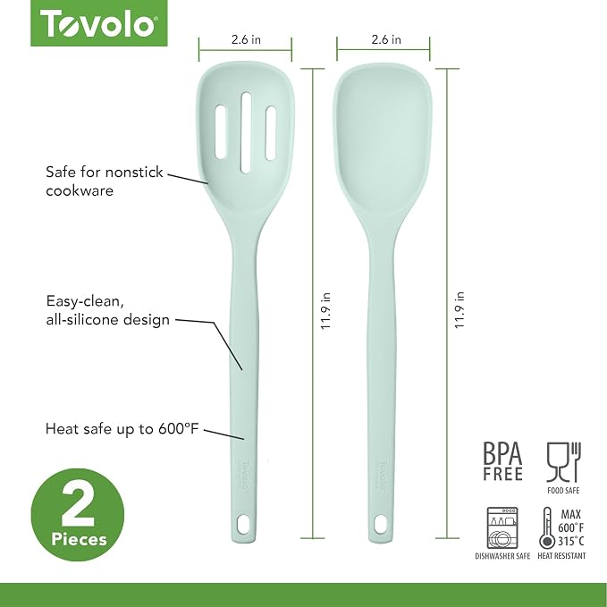 Tovolo Elements Silicone Spoon Set of 2 Mixing and Slotted Spoon Bundle for Non Stick Cooking Mixing Serving, Dishwasher Safe Heat Resistant Slotted Spoon and Mixing Serving Spoon, Blue Haze