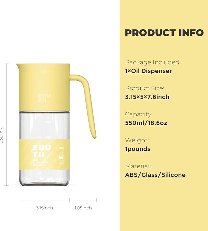 Zuutii Olive Oil Dispenser Bottle 18.6oz – Auto Flip Glass Vinegar Bottle with No-Drip Spout for Kitchen Cooking, Oil and Sauce Dispenser,Yellow