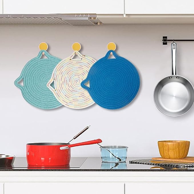 12" Pure Cotton Trivets Set with 0.35" Thick (3 Pcs, Blue) | Tightly Woven, Machine Washable, Heat Resistant, Large, Cute Cat Kitchen Accessories for Hot Dishes Pots Pans, Decor, Gift