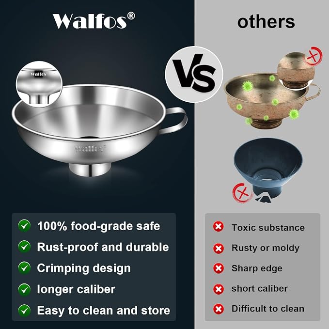 Walfos 5.5 Inch and 4 inch Stainless Steel Wide-Mouth Funnel with Handle for Wide and Regular Mason Jars Canning Jars,Wide Mouth Funnels for Kitchen Use Transferring Liquid and Dry Ingredients!