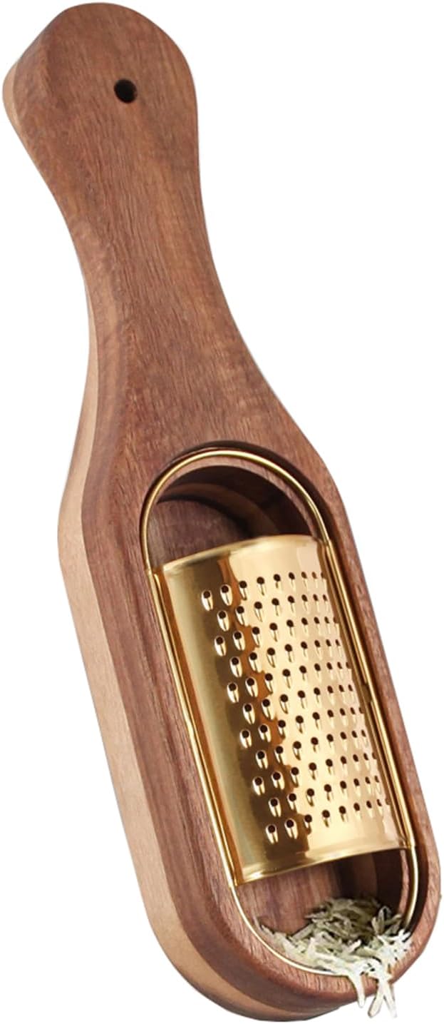 Box Cheese Grater With Container - Stainless Steel Parmesan Cheese Grater With Wood Handle Shredder Zester Grater Box Kitchen Handheld Cheese Spoon Grater-Titanium Gold Colour