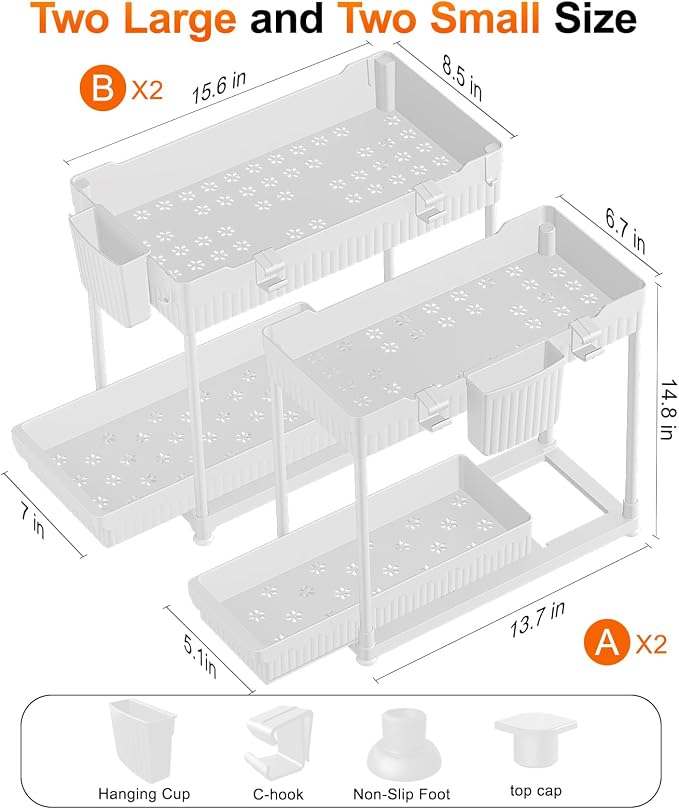 4-Pack 2-Tier Under Sink Organizer with Pull Out Drawers | Multi-use kitchen & bathroom storage. Includes hanging hooks and cups. White, space-saving cabinet design. 14.8 Inch