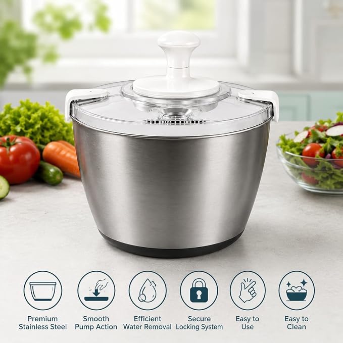 Stainless Steel Salad Spinner Large Capacity 5Qt – Hand Crank Vegetable Washer & Dryer with One-Touch Stop, Drainage Spout, Non-Slip Base – Dishwasher Safe Kitchen Tool for Lettuce & Fruit