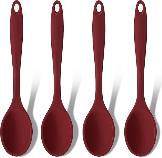 GEEKHOM Silicone Cooking Spoons, 4 Pieces 11" Heat Resistant Silicone Kitchen Utensils Set Large Serving Stirring Spoons for Non Stick Cooking, Mixing, Basting, Baking, Red