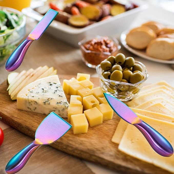 Premium 6-Piece Steel Cheese Knife Set - Rainbow Collection with Slicer, Cutter, Fork & Spreader