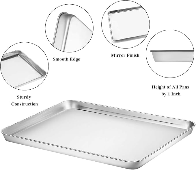 Baking Sheet with Rack Set [2 Pans + 2 Racks], Wildone Stainless Steel Cookie Sheet Baking Pan Tray with Cooling Rack, Size 18 x 13 x 1 Inch, Non Toxic & Heavy Duty & Easy Clean