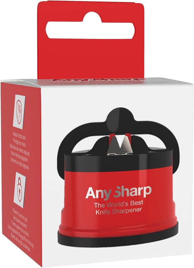 AnySharp – Editions – Hands Free Knife Sharpener - Easy to Use Sharpening Tool with PowerGrip Suction Base and 20-Degree Pre-Set Angle - for All Knives: Chef's, Serrated, and Hardened Steel - Red