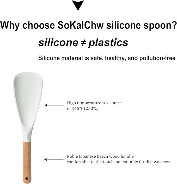 Spatula Spoon and Rice Spoons with Wooden Handle, Food Grade Silicone Great for Cooking, Mixing, Scooper, Scrape, Non stick Heat Resistant (white - Rice set 2 pcs)