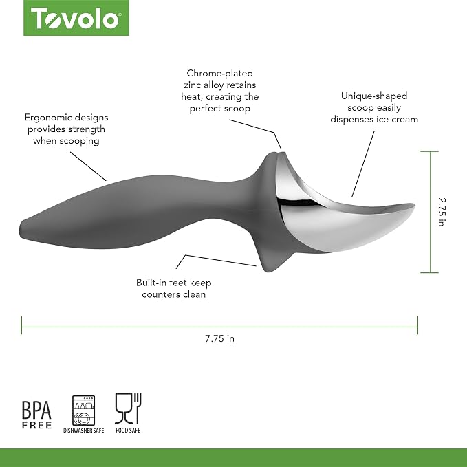 Tovolo Ice Cream Scoop Charcoal Gray Dishwasher Safe Heavy Duty Ice Cream Scooper with Elevated Tilt Up Design, Heat Retaining Ice Cream Scoops with Non Slip Handle for Cookie Dough, Gelato, Sorbet