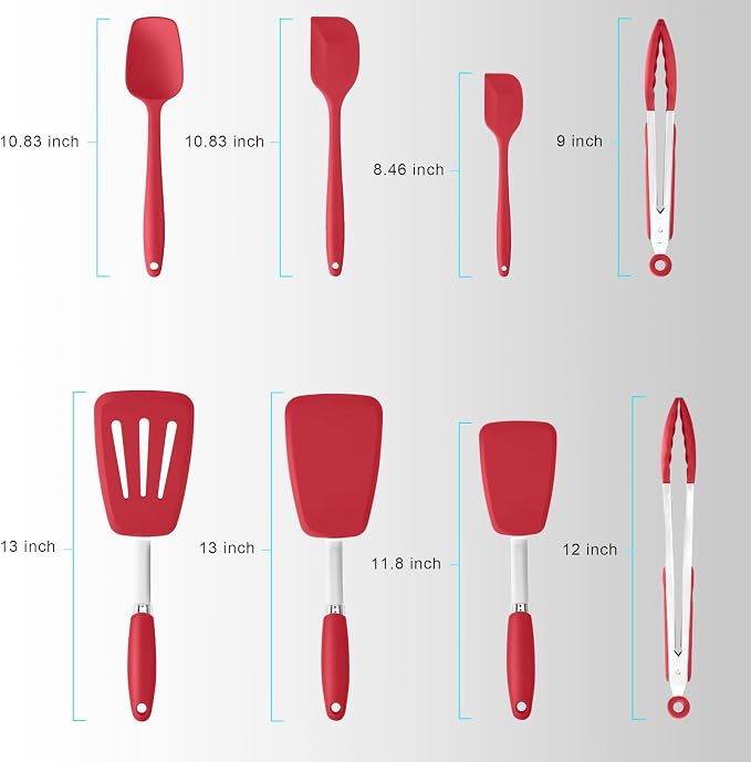 Silicone Spatulas Set Turners Tongs Cooking Utensils Set High Heat Resistant Kitchen Scraper Spatulas for Cooking Mixing Baking BPA Free Dishwasher Safe, Red